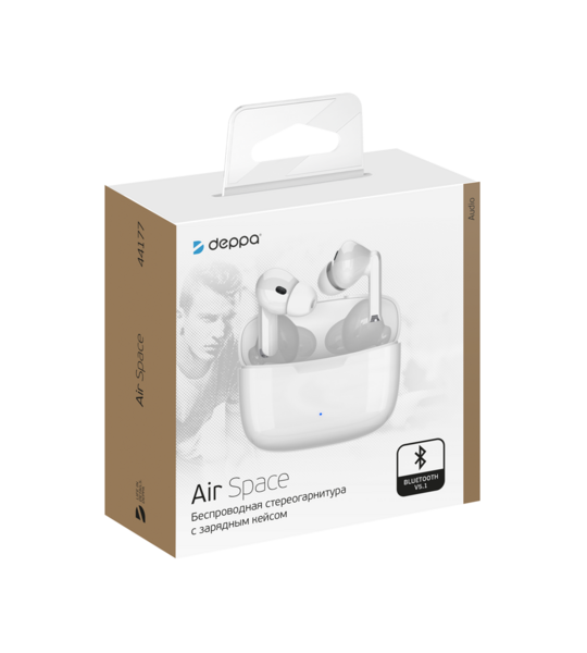 Bluetooth гарнитура Deppa Air Space TWS в зарядном футляре белая