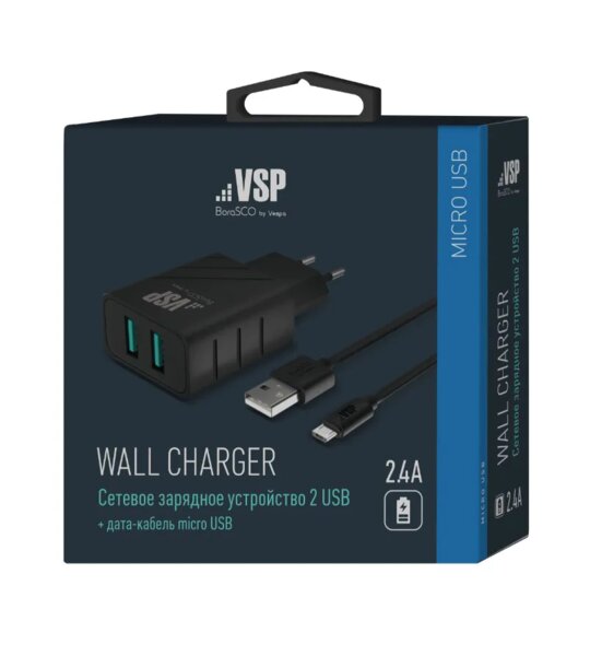СЗУ дата-кабель VSP micro-usb 1м 2.4A 2usb черный