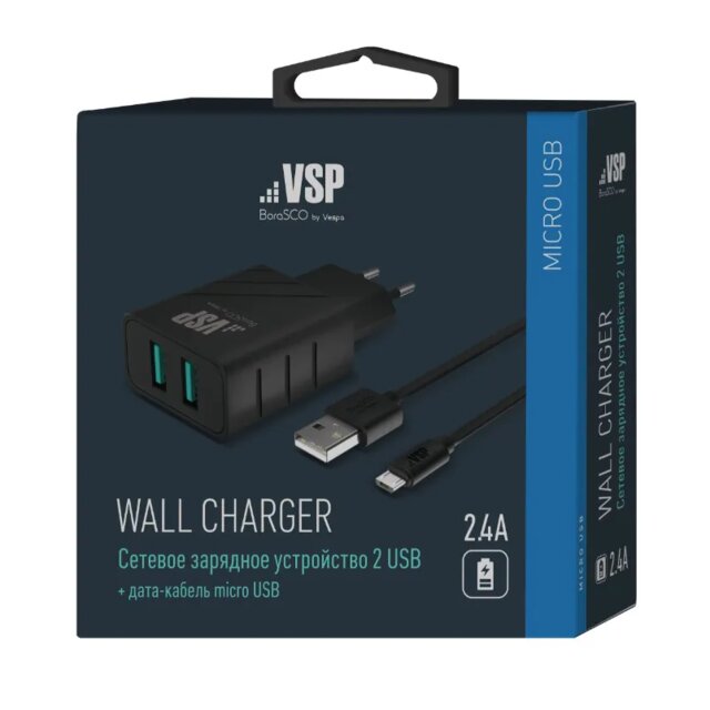 СЗУ дата-кабель VSP micro-usb 1м 2.4A 2usb черный
